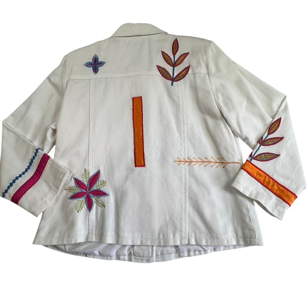 Variations White Embroidered Denim Jacket Womens Large Floral‎ Applique Buttons - Picture 15 of 15